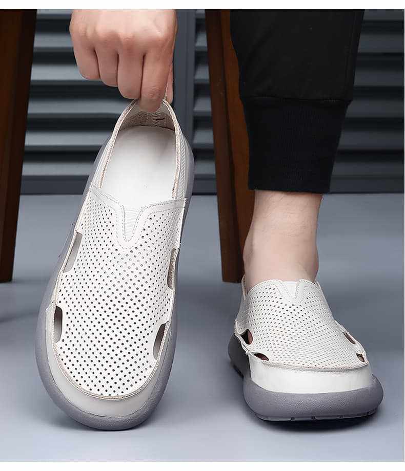 Dép sandal nam da bò đế bằng mũi tròn kiểu lười thoáng khí, đế cao 1 cm — Trắng CB9926-2, Đen CB9926-2 chi tiết 22