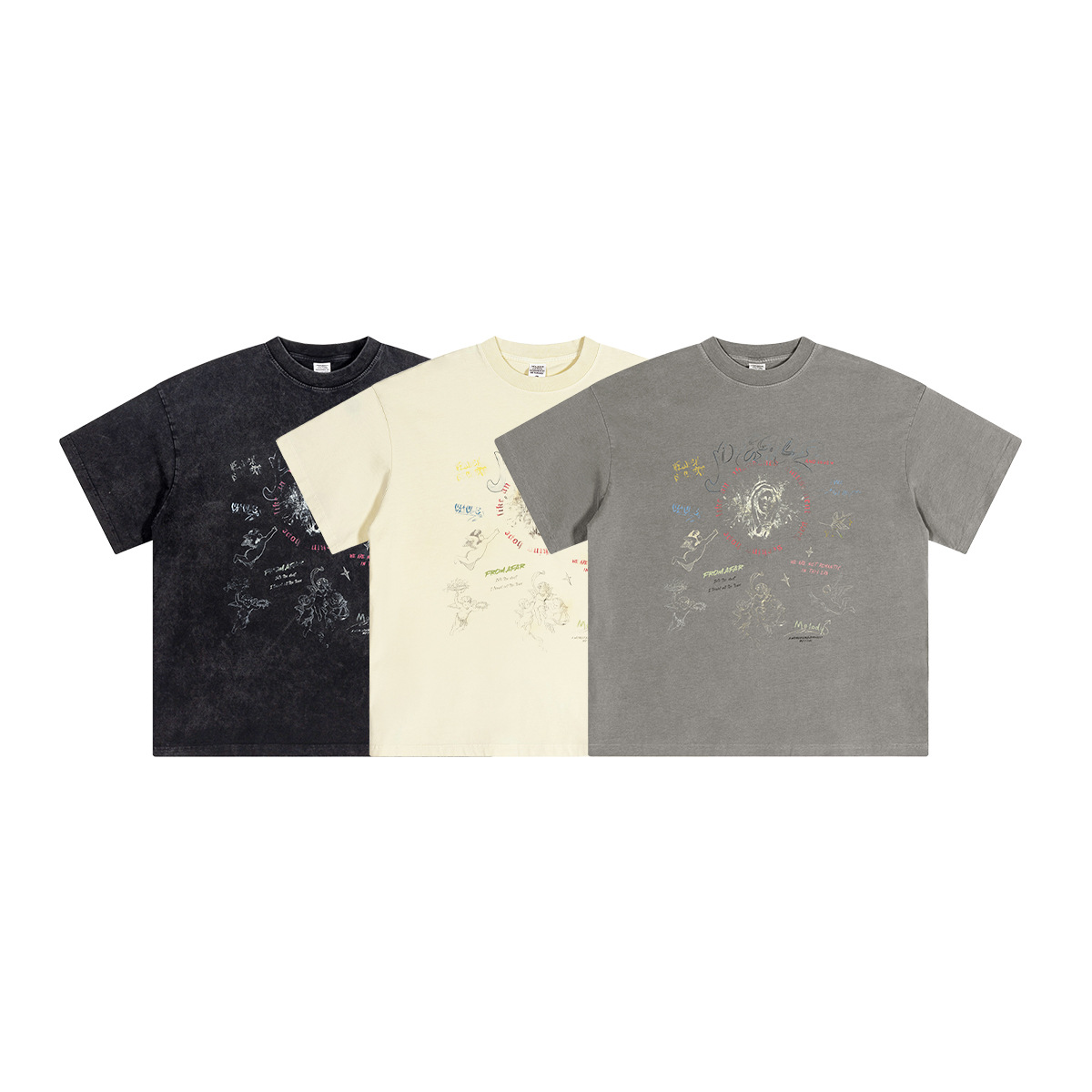 2025 primavera y verano retro marca de moda vintage lavado ángel impresión de cuello redondo pareja camiseta de calle de manga corta moda masculina