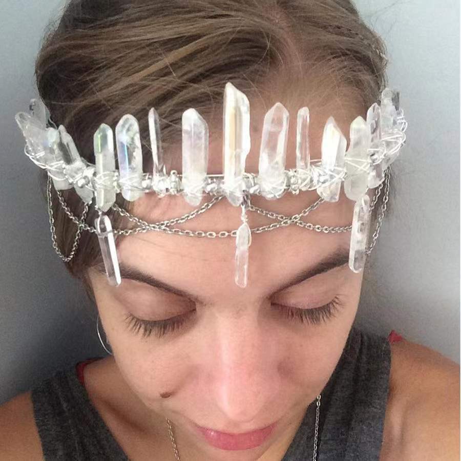 Crystal headband Amazon cross-border fashion women's headwear handmade natural crystal with chain strap pendant hair accessories