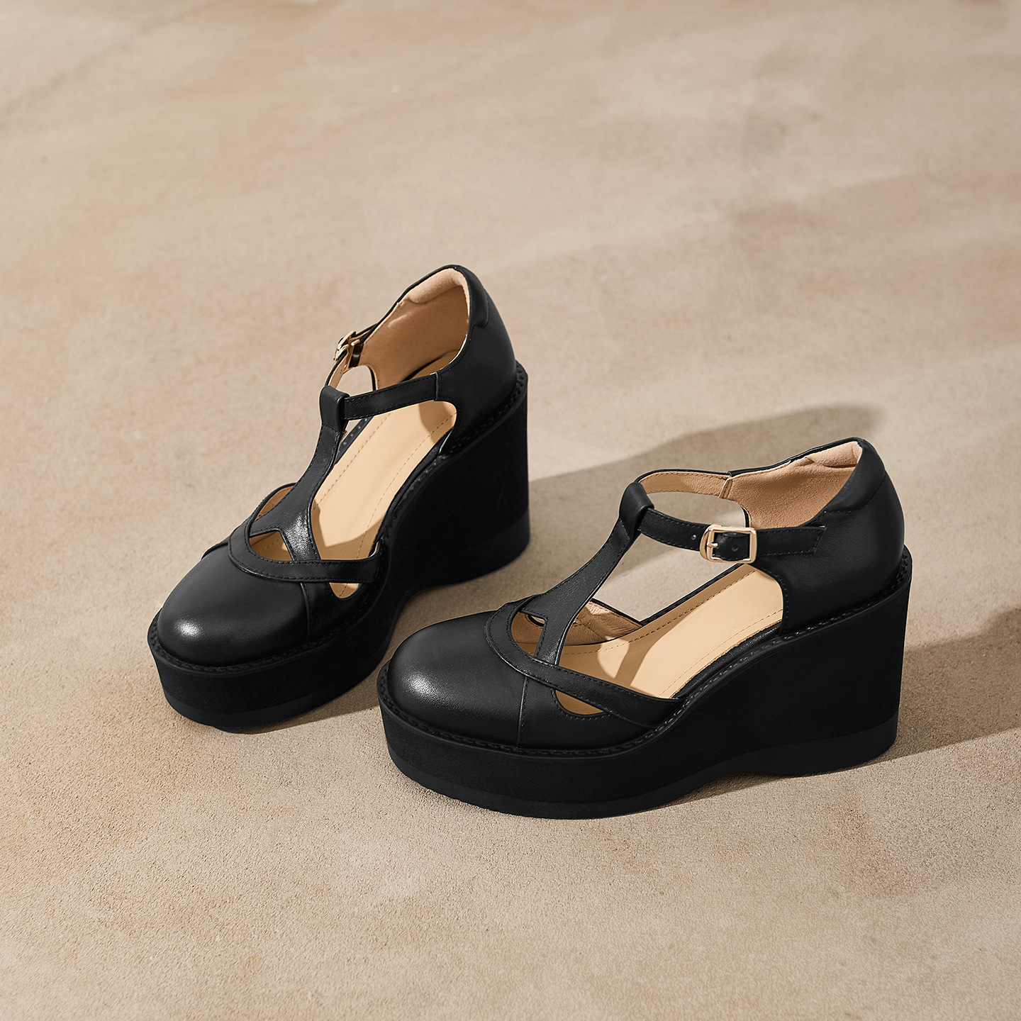 Sandal cao gót nữ quai ngang khóa T, đế dày platform, gót 9.5 cm — đen