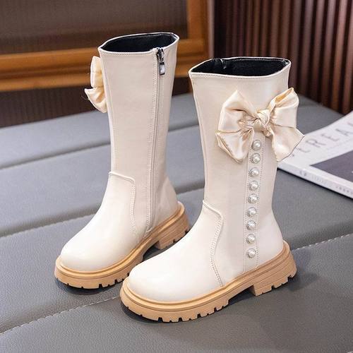 Girls cotton boots children's fashion princess bow pearl  autumn and winter new style children's plus velvet warm high tube