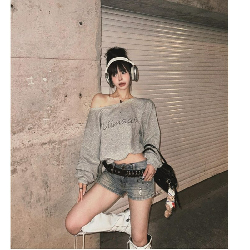 [260g Thin Style] Hot Diamond Off-Shoulder Sloping Shoulder Long Sleeve Sweatshirt Women's Loose Short Hot Girl Top