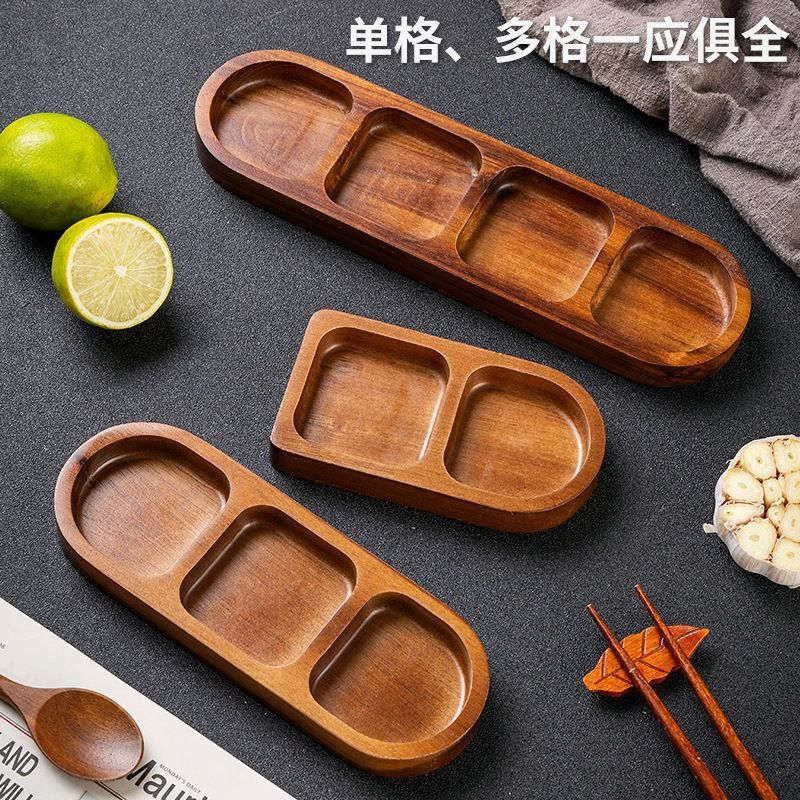 Acacia Wood Seasoning Dish, Divided Plate, Household Solid Wood Snack Plate, Hot Pot Barbecue Three-Compartment Sauce Dish, Plate, Tableware