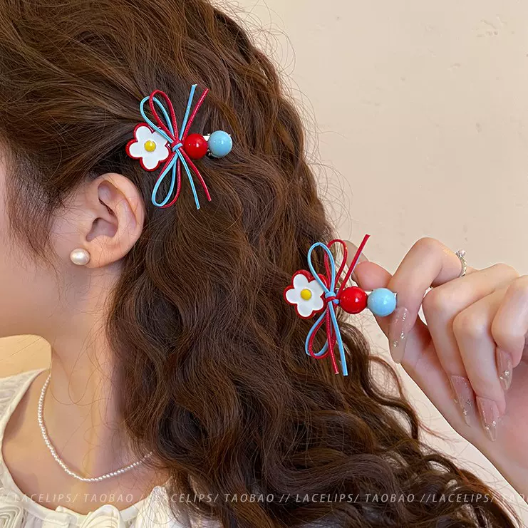 甜美红蓝花朵侧边发夹女蝴蝶结边夹前额刘海夹一字发卡鸭嘴夹发饰