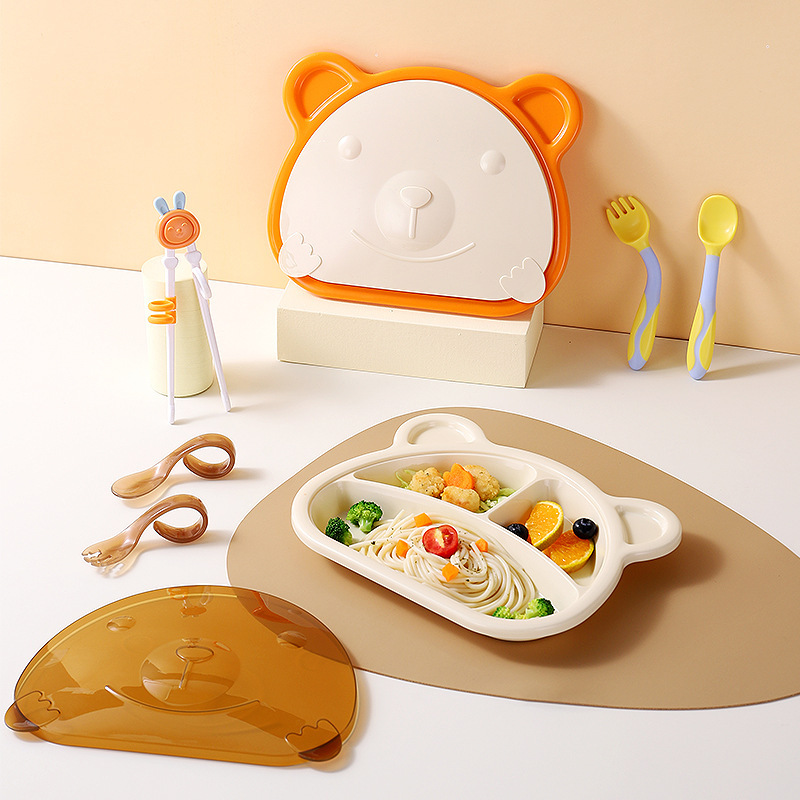 Bear dinner plate children's drop-resistant tableware compartment baby dinner plate with lid dinner plate advanced color dinner plate integrated