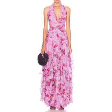 高级感礼服2025欧美走秀新款挂脖碎花印花层叠荷叶边不规则连衣裙