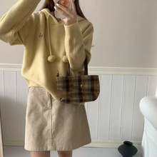 韩系抽绳毛球连帽套头毛衣女秋冬新款宽松甜美针织衫通勤红色黄色