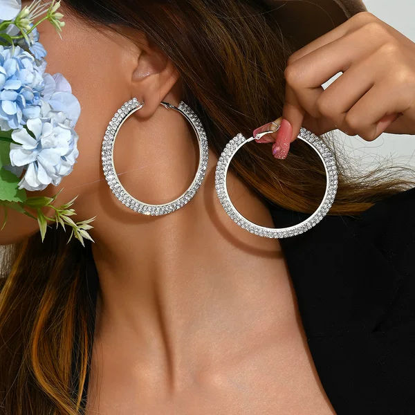 Simple Silver Double-Row Diamond Earrings for Women, Fashionable Niche Style for Daily Commuting, Sweet and Cool Hot Girl Full Diamond Earrings, Cross-Border Hot Item