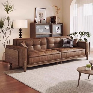 Retro American Style Retro Style Solid Wood Living Room Sofa Sofa for Small Apartment Antique Walnut Straight Cowhide