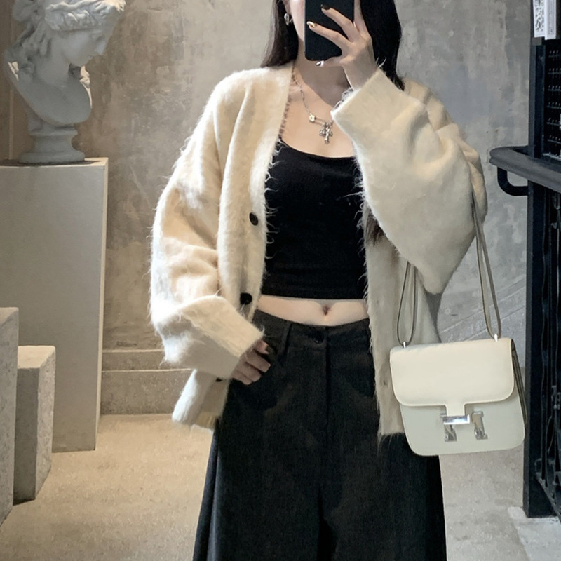 羊卷毛V领毛衣外套女2025秋冬新款加厚宽松大码显瘦针织开衫上衣|undefined