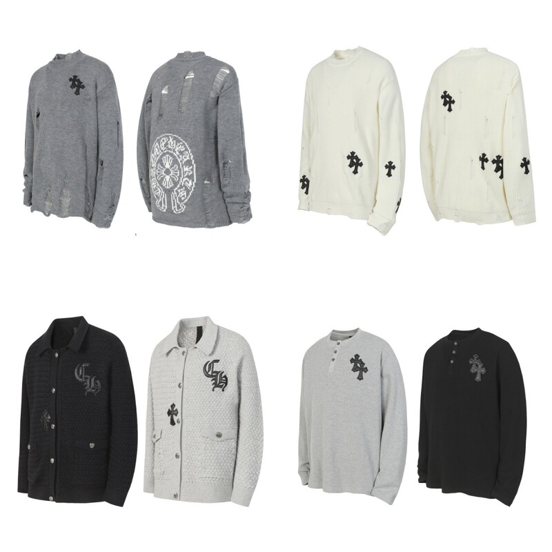 Cross-Border Export Ch Sweater Series Waffle Sanskrit Embroider Cross Retro Frayed Cardigan Knitted Sweater