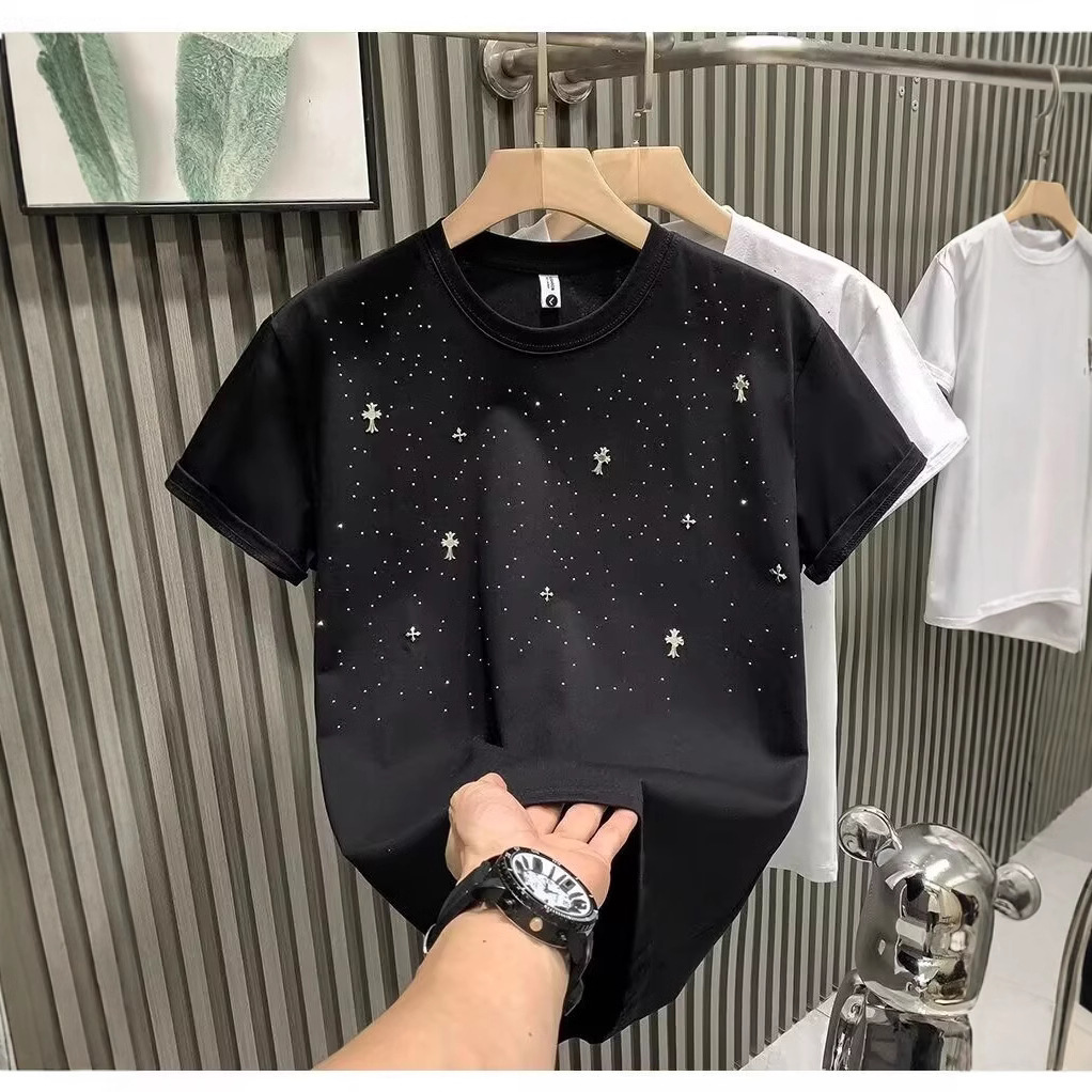 Men’s Crew Neck Short Sleeve T-Shirt, 100% Cotton Rhinestone Cross Sparkle Tee, Loose Casual Bling Top For Daily Wear Streetwear Club P Herren-t-shirt_voghion.com