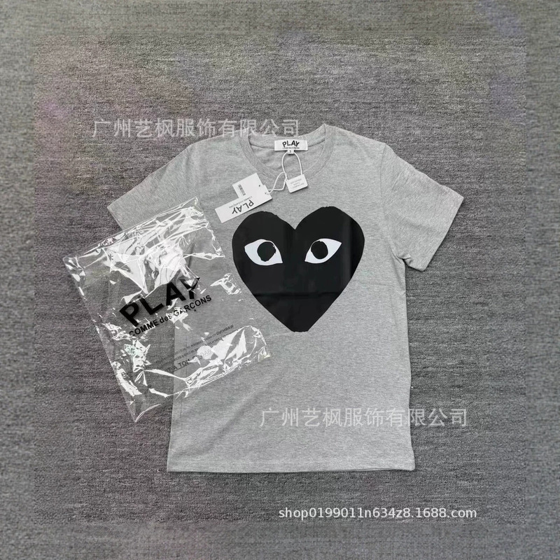 Original Cdg Comme Des Garçons Short-Sleeve T-Shirt with Full Tags, Heart Print, Pure Cotton, Heavyweight, Campus Couple Style