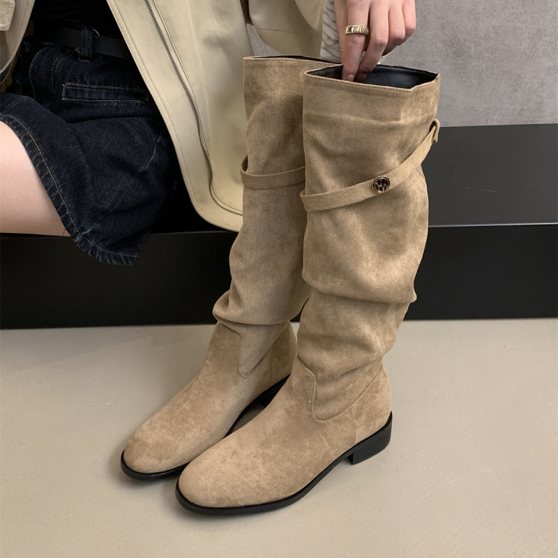 绒面瘦瘦靴卡其色堆堆骑士靴女2025新款秋冬季显瘦高筒粗跟长靴子|undefined