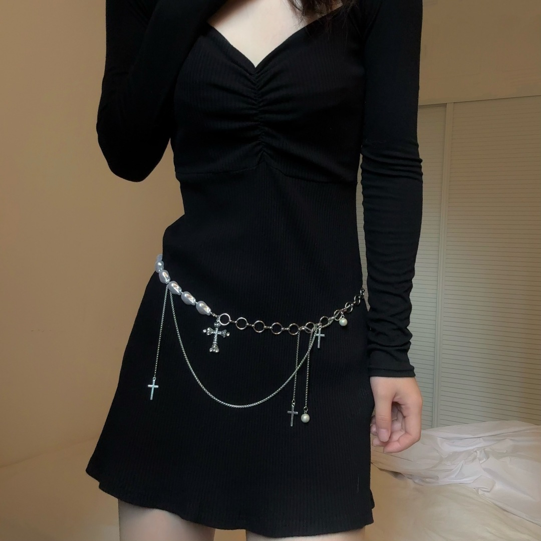 European And American Fashion Dia-Studded Cross Tassel Waist Sweet Cool Heavy Craft Irregular Pearl Chain Splicing Belt_voghion.com