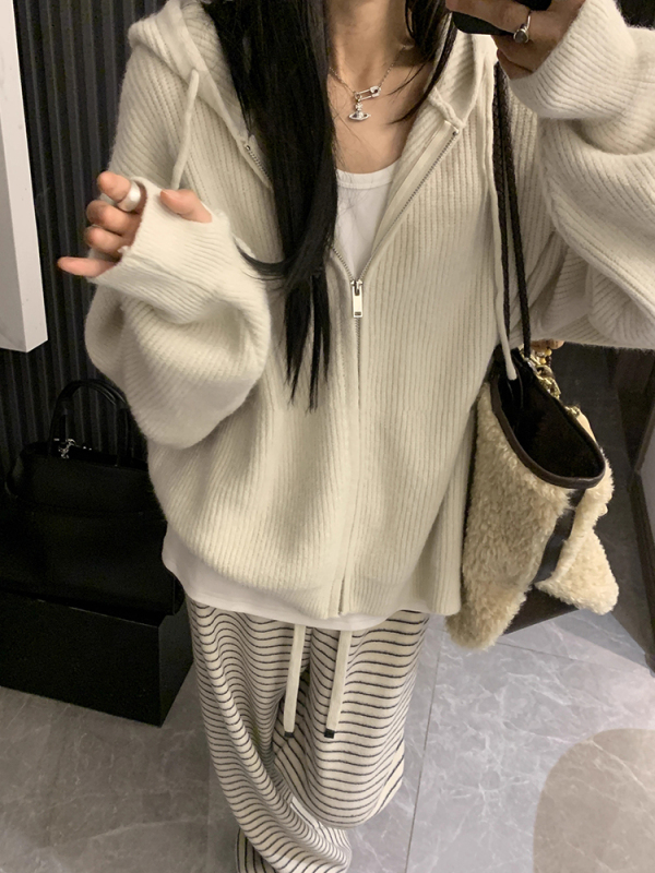 韩系连帽拉链宽松毛衣女秋冬2025新款内搭慵懒感针织开衫外套百搭|undefined