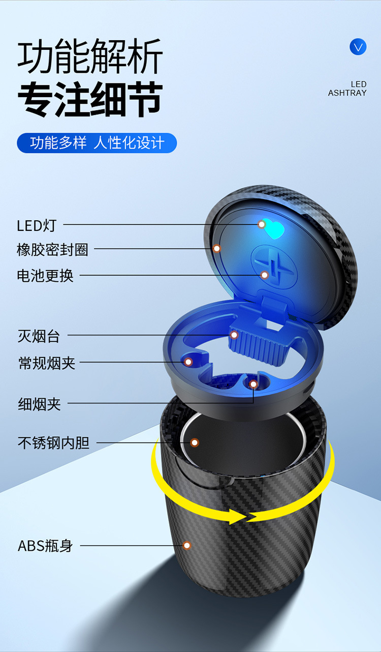 Portable car ashtray, in-car metal ashtray, trash bin with automatic lighting, car ashtray