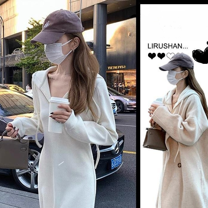 White Long Hooded Sweatshirt Dress for Autumn and Winter 25 New Women's Clothing Coat Inner Layer Long Skirt White Long Hooded Sweatshirt Dress for Autumn and Winter 25 New Women's Clothing Coat Inner Layer Long Skirt