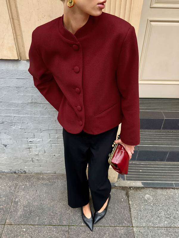 外贸欧美女装新款气质优雅红色小西装外套女小众百搭修身毛呢西服|undefined