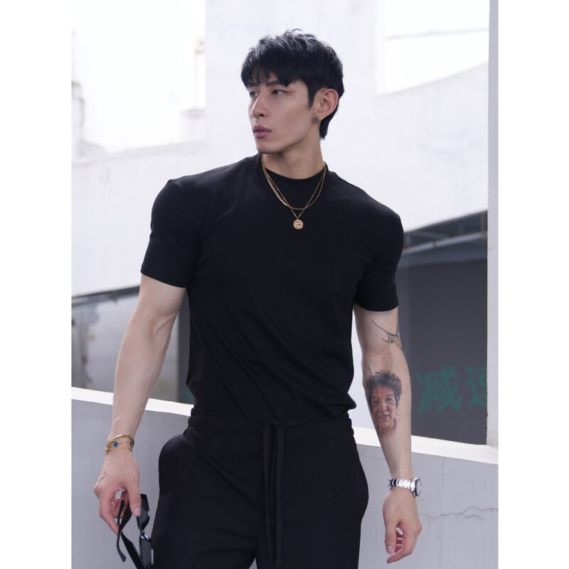 310g Regular Shoulder Half-High Collar Short-Sleeve Summer American-Style Small Neckline Heavy-Duty T-Shirt with Shoulder Pads to Accentuate Muscle Fitness 310g Regular Shoulder Half-High Collar Short-Sleeve Summer American-Style Small Neckline Heavy-Duty T-Shirt with Shoulder Pads to Accentuate Muscle Fitness