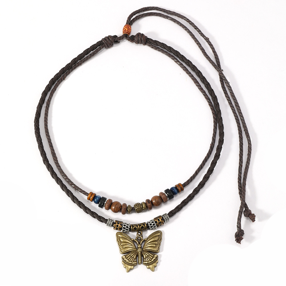 Butterfly Pattern Unisex Gender Retro Butterfly Pu Leather Alloy Wooden Beads Wholesale Double Layer Necklaces