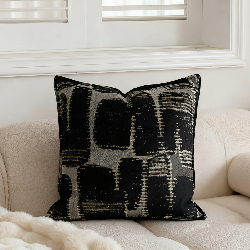 Italian Light Luxury Jacquard Cut Velvet Pillow Modern Simple Black and Gray Geometric Texture Cushion Model Room Classy Decoration