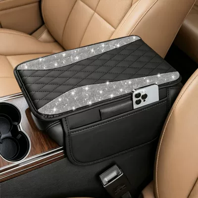 Armrest box pad, Box Mat, Crystal Diamond Center - white-angel-wings-rhinestones