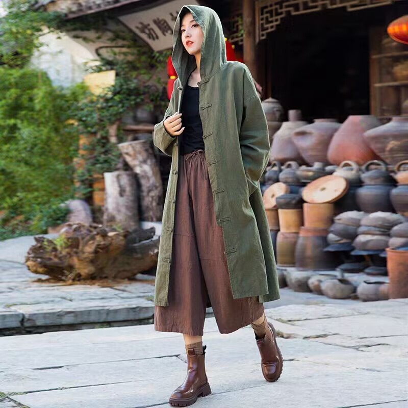 苎麻连帽风衣女春秋新款唐装中国风禅意披风砂洗复古盘扣外衣禅修|undefined