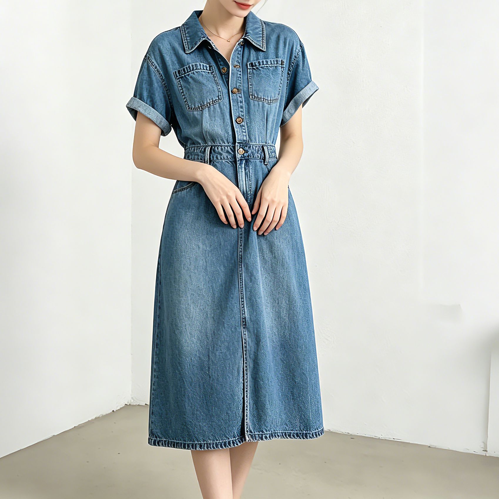 Đầm maxi nữ thắt eo chất liệu denim phối tơ acetate mềm mại, không bí bách — xanh lam chi tiết 2