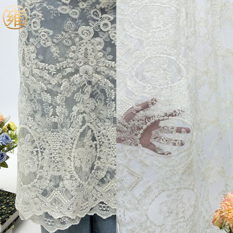 Retro High-End Pure Cotton Thread Embroider Soft Embroidered Fabric Clothing Design Wedding Dress Lace DIY Fabric