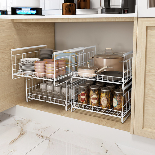 Kitchen pull basket cabinet bowl basket drawer type dishware seasoning iron double corner cabinet pull-out modification three-layer built-in