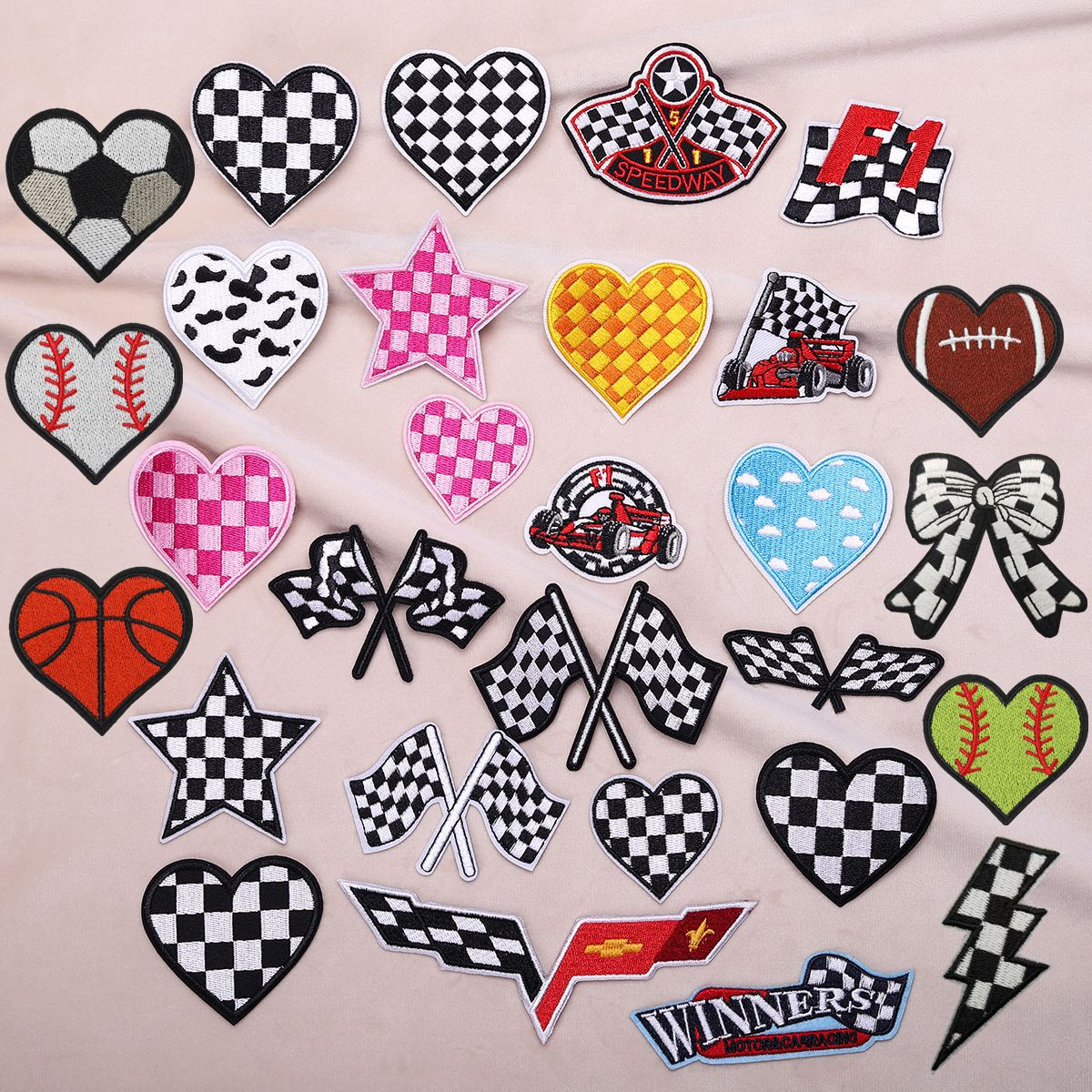 黑白方格旗布贴 F1赛车联络信号旗子Winners英文背胶刺绣徽章贴片