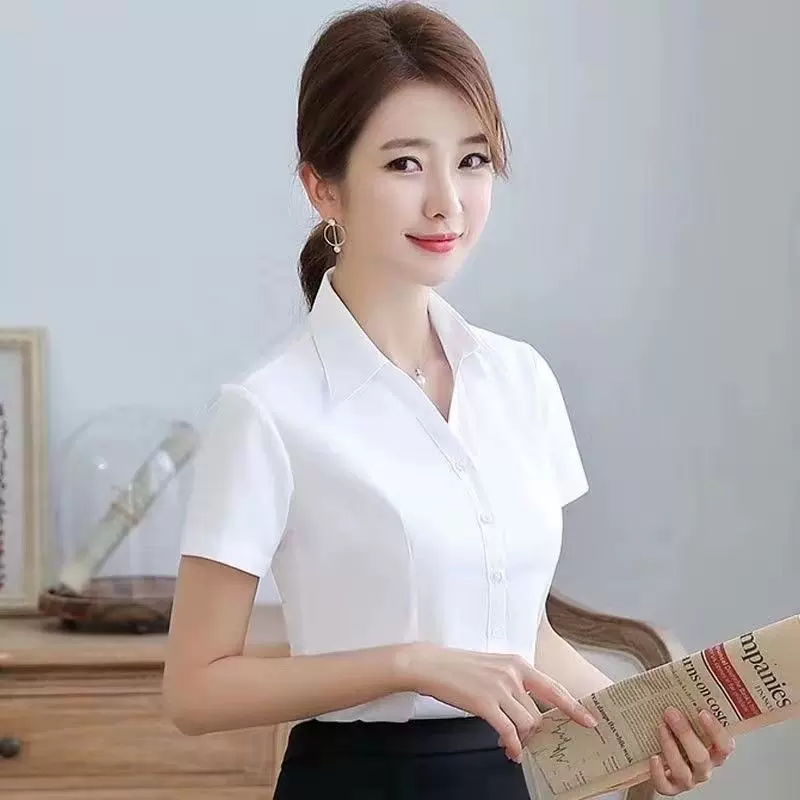可定制logo印染正装短袖女春秋款百搭职业装通勤工作v领白衬衫女