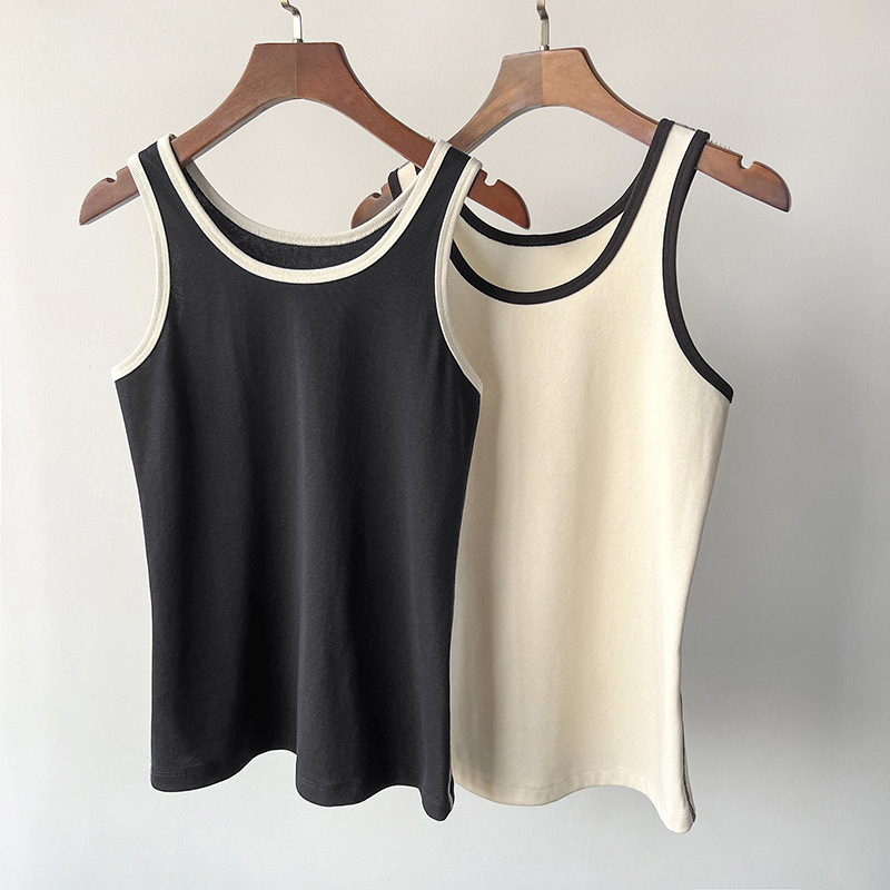 Contrast color thread vest ~ niche designer cotton blended simple I-shaped vest stretch slim high-end top