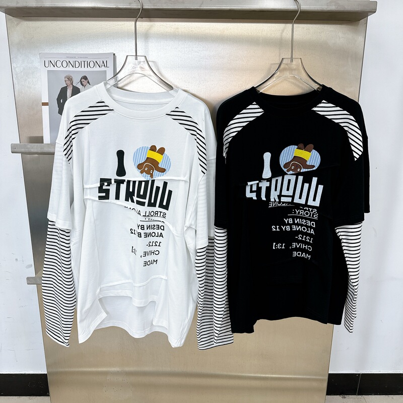 早秋新款2025新款时尚潮流设计感休闲百搭插肩袖长袖圆领假两件潮|undefined
