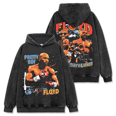 Cross-border American Mayweather Floyd Mayweather Jr Print Washed Short Sleeve T-shirt Round Neck Hooded Sweatshirt