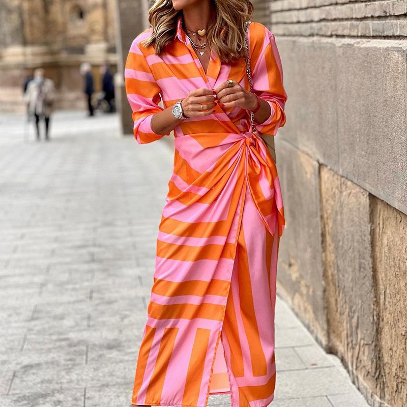 Women's A-line Skirt Elegant Turndown Printing Long Sleeve Stripe Midi Dress Daily display picture 3