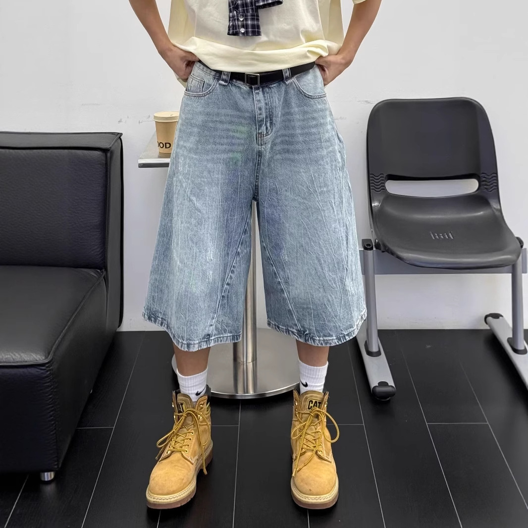 American Retro Distressed Washed Denim Shorts for Men 2025 Summer New Loose Trendy Blue