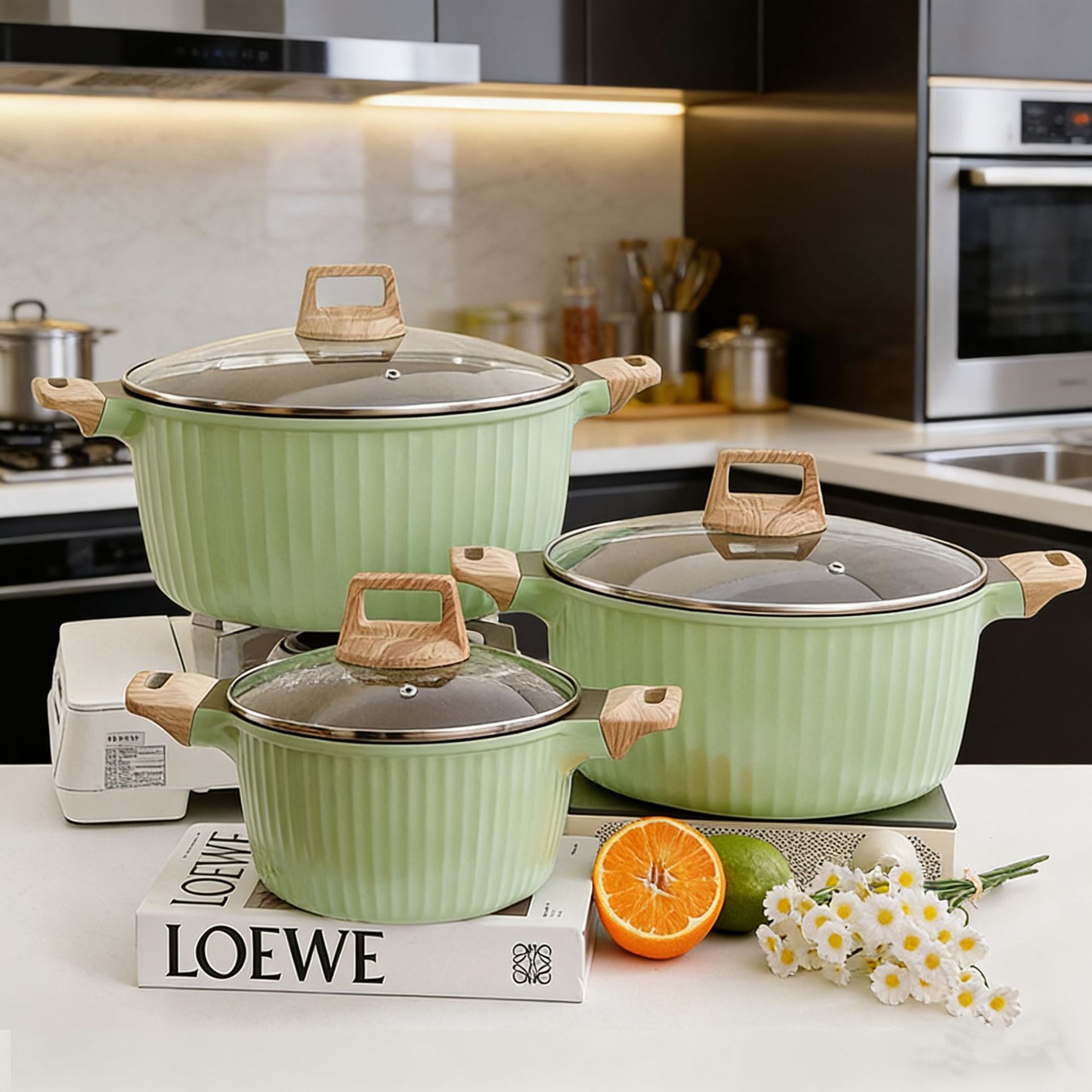 Cross-border Mori Vertical Stripe suit Pot Household Titanium Non-stick Frying Pan Wok Milk Pan Large Capacity 32CM Soup Pot