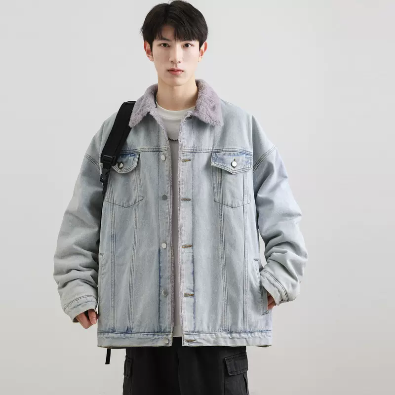 牛仔外套2023秋冬款兔毛加绒加厚保休闲潮流夹克男生宽松上衣男装