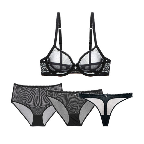 Varsbaby Sexy Transparent Mesh Bra Set 4-Piece Set (Bra, Underpants + Thong + High-Waist Triangle Panties)