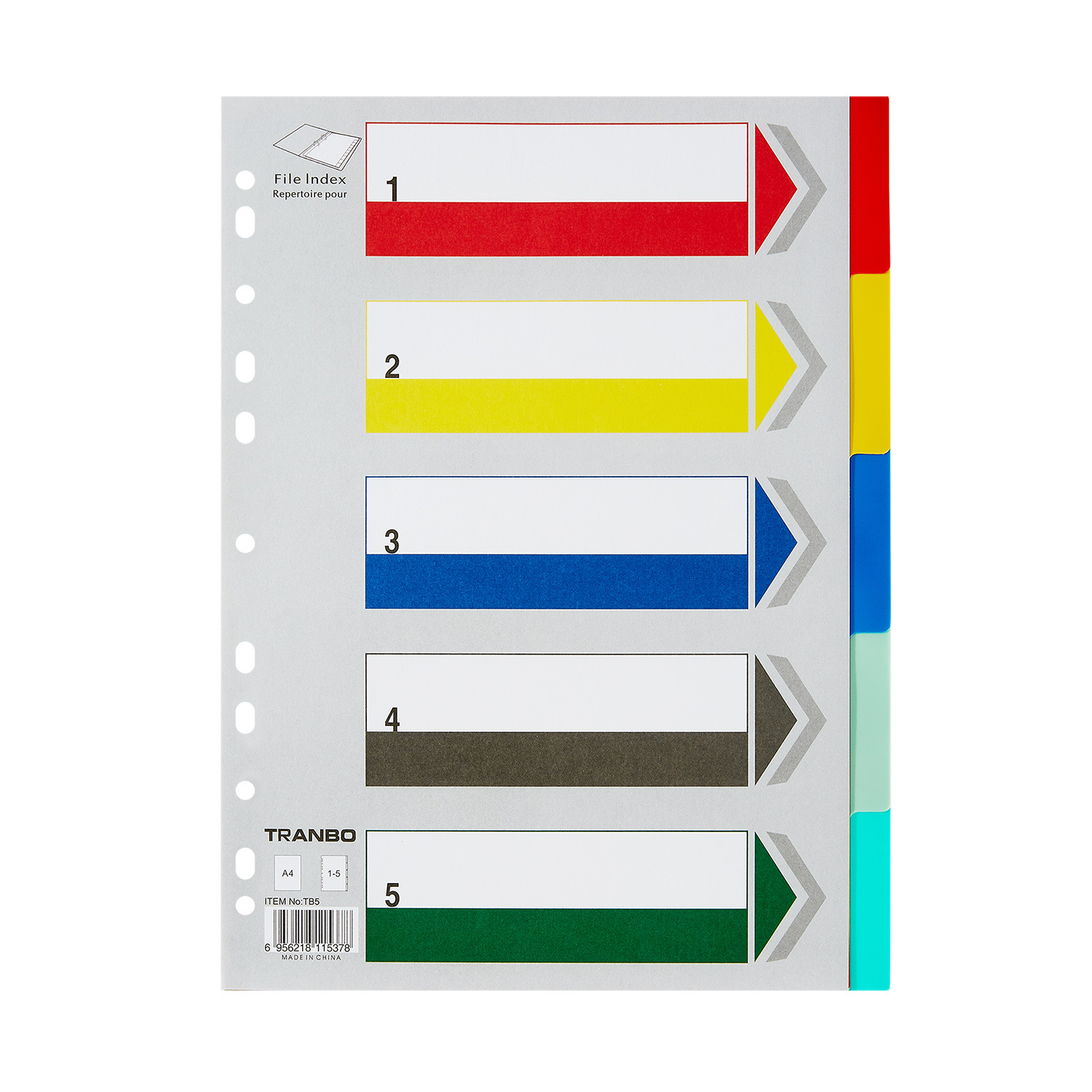 Tranbo/Carpeta de índice de color transfronterizo estándar completo Página de categoría 11 agujeros A4 Papel de partición 5 páginas PP Carpeta de oficina 10