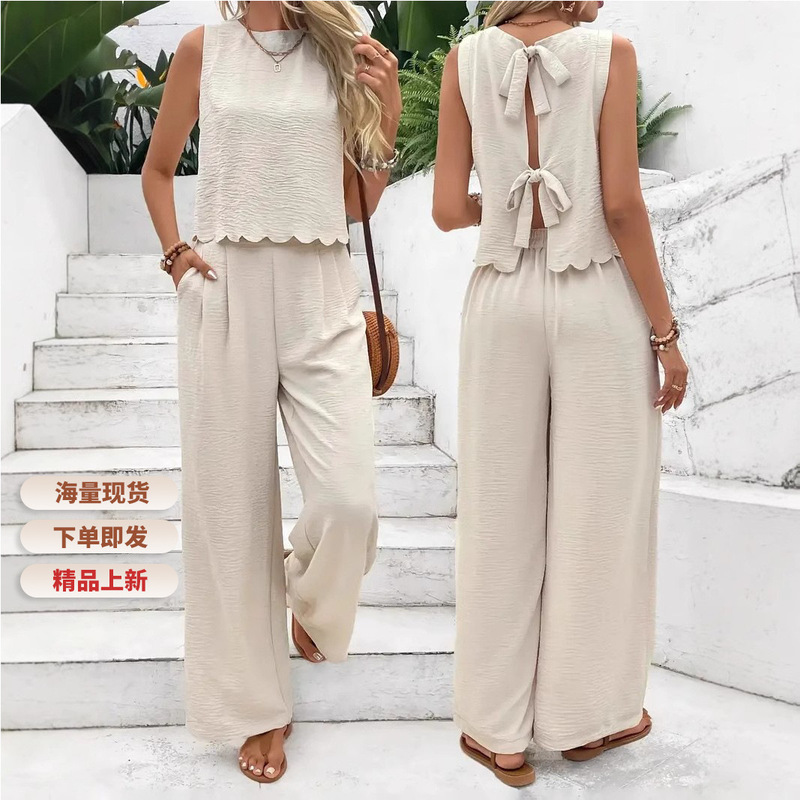 2026 European and American Cross-Border Spring/Summer New Solid Color T-Shirt and Tie-Waist Wide-Leg Pants Two-Piece Set, French Fashion Elegant Women's Clothing