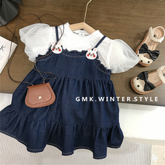 女童連衣裙夏裝新款兒童牛仔吊帶裙子女寶寶夏季公主裙套裝裙外貿