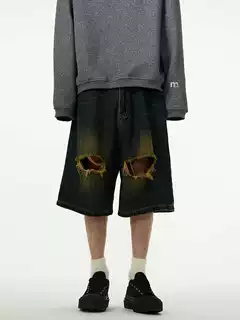 高街小众裤子情侣宽松直筒五分裤美式复古休闲做旧破洞牛仔短裤男