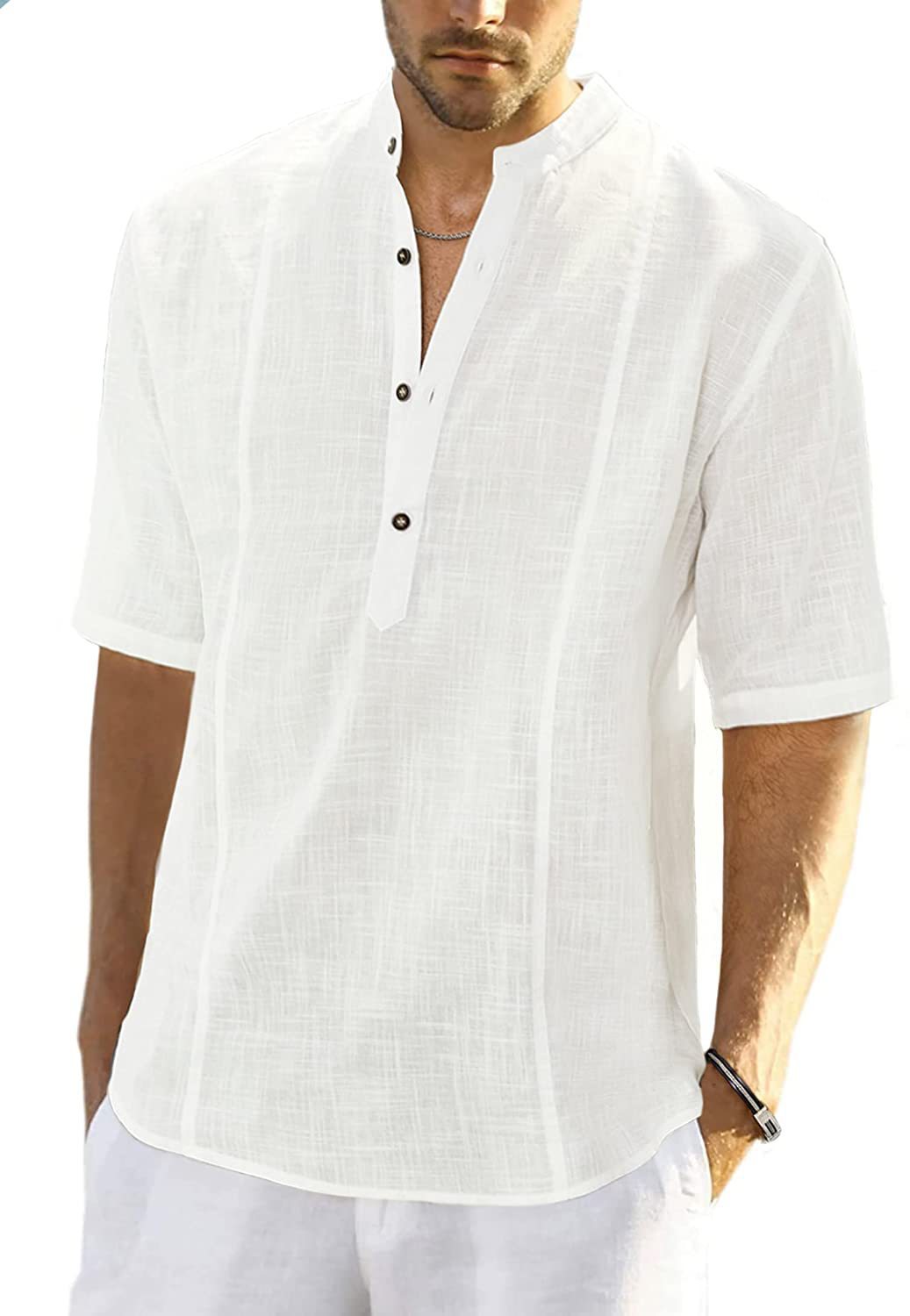 2023 Nueva camisa de lino informal cómoda con mangas medianas para ropa de hombre_voghion.com