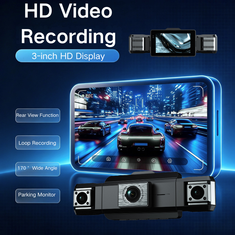 Cross-border four-lens dashcam with high-definition night vision, simultaneous four-record display, mobile phone connectivity, and in-car four-record recorder