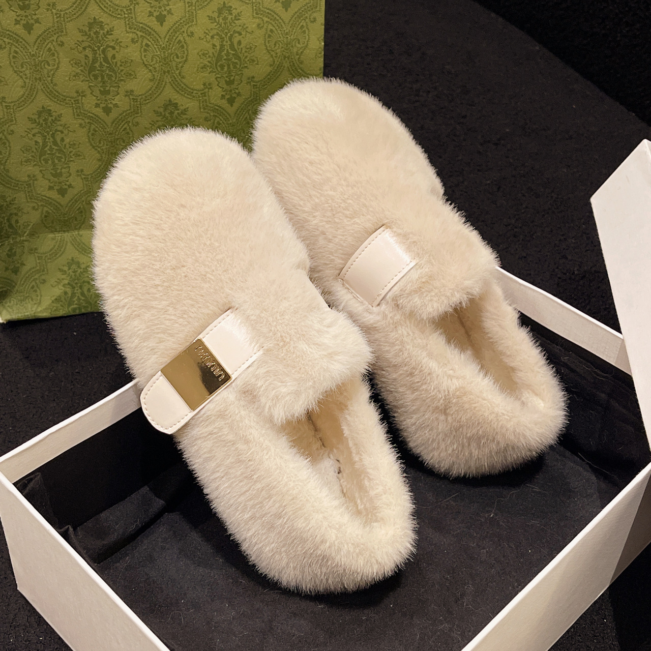 白色勃肯玛丽珍毛毛鞋女外穿加绒保暖水貂毛秋冬2025新款豆豆棉鞋