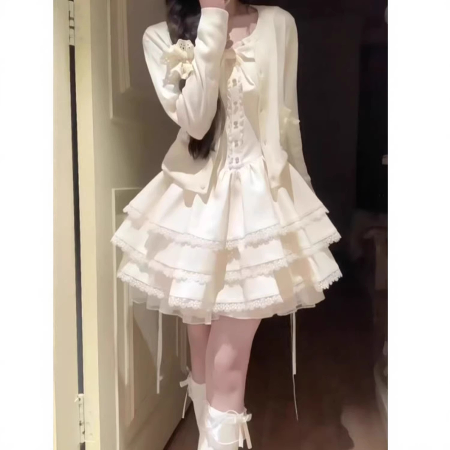 热嘉开春新款法式甜美氛围感超好看开衫外套蓬蓬连衣裙显瘦套装潮