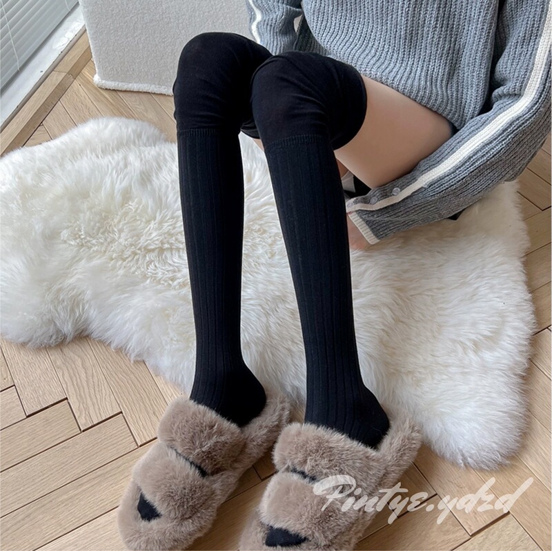 奶白色袜子女小腿袜过膝袜夏季薄款甜美风少女jk竖条纹拼接堆堆袜|undefined